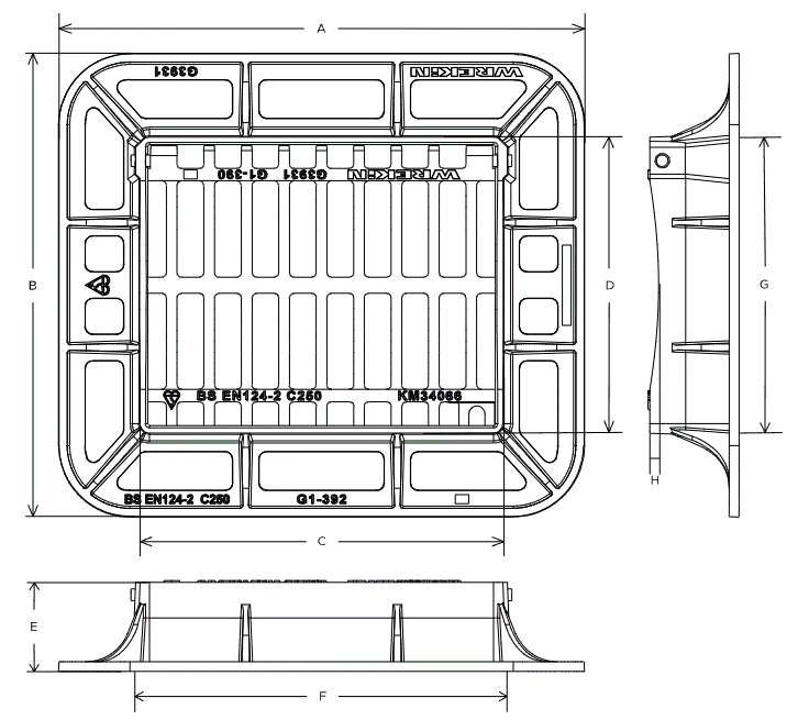 Tristar C250 dished 4 flange gully grate 390mm x 315mm clear opening with 100mm frame depth