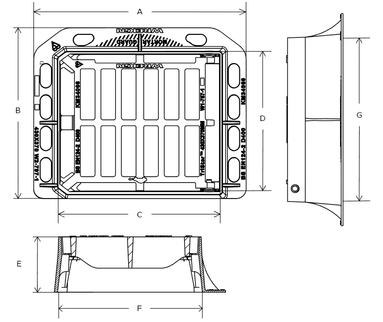 Tristar D400 3 flange gully grate 430mm x 370mm clear opening with 150mm frame depth