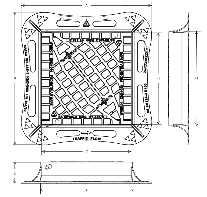 Highway D400 4 flange pedestrian friendly gully grate 425mm x 425mm clear opening with 100mm frame depth