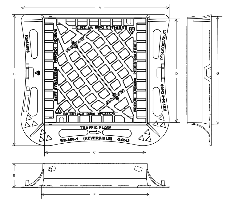 Highway D400 3 flange pedestrian friendly gully grate 425mm x 425mm clear opening with 100mm frame depth