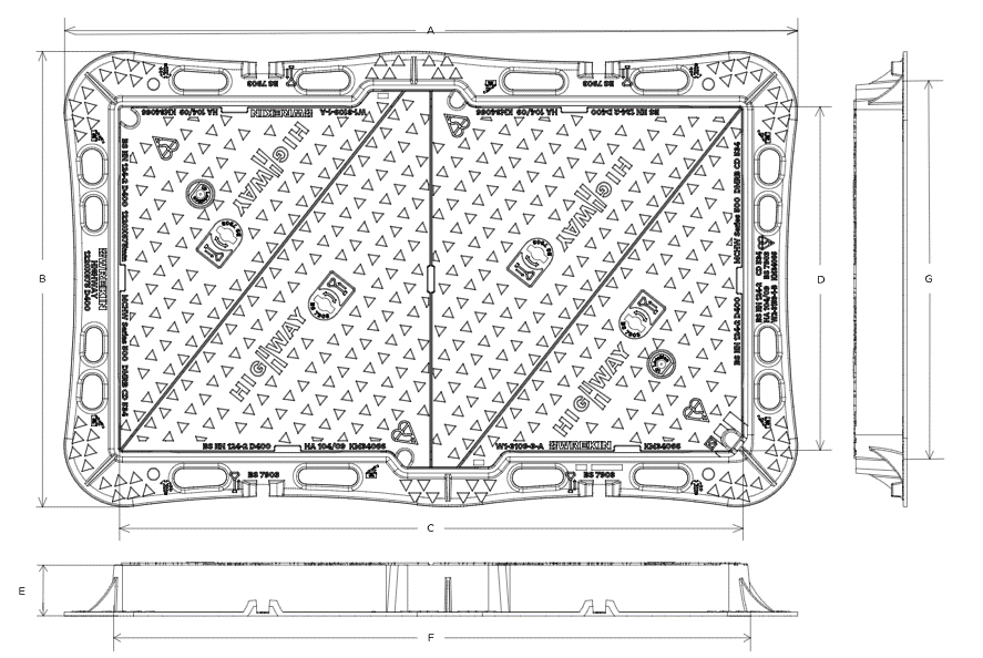 Highway D400 manhole cover 1220mm x 675mm clear opening with 100mm frame depth