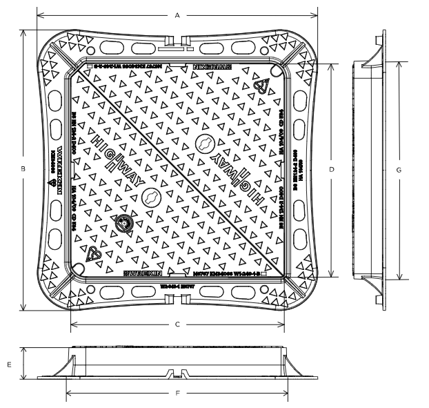 Highway D400 manhole cover 675mm x 675mm clear opening with 100mm frame depth - Badged SW