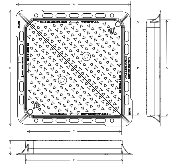 Tristar D400 manhole cover 675mm x 675mm clear opening with 100mm frame depth - Badged FW