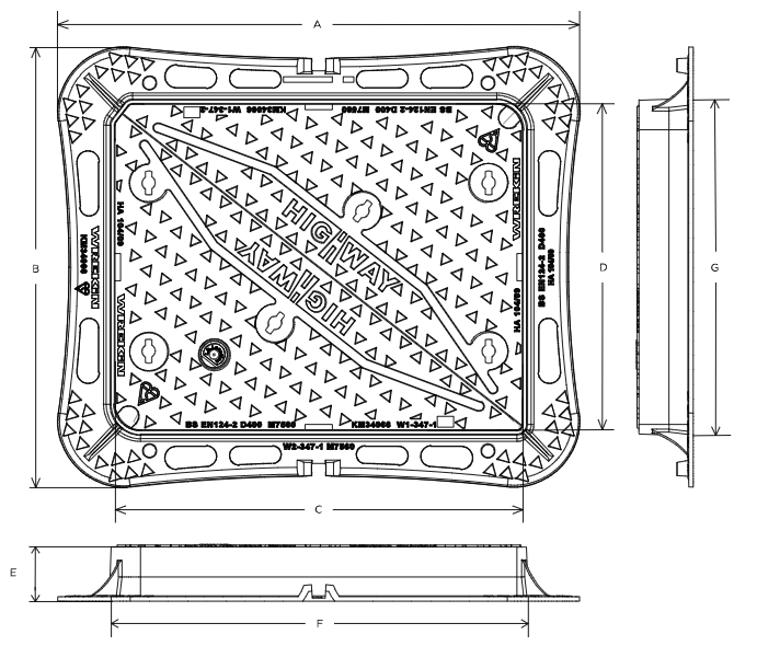 Highway D400 manhole cover 750mm x 600mm clear opening with 100mm frame depth