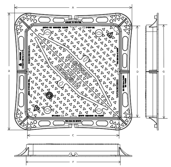 Highway D400 manhole cover 750mm x 750mm clear opening with 100mm fram
