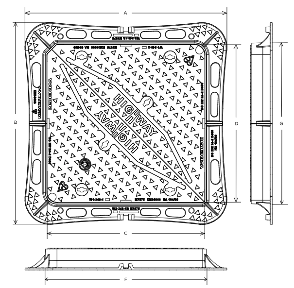 Highway D400 manhole cover 750mm x 750mm clear opening with 100mm frame depth