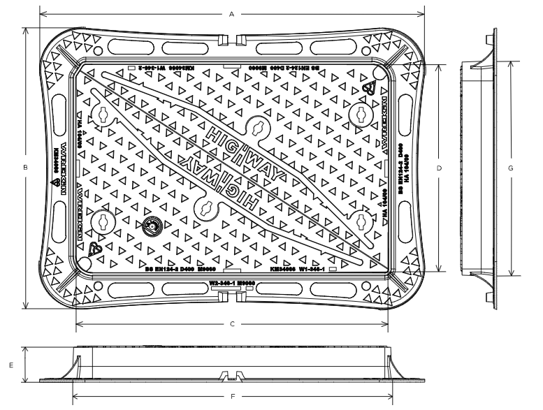 Highway D400 manhole cover 900mm x 600mm clear opening with 100mm frame depth