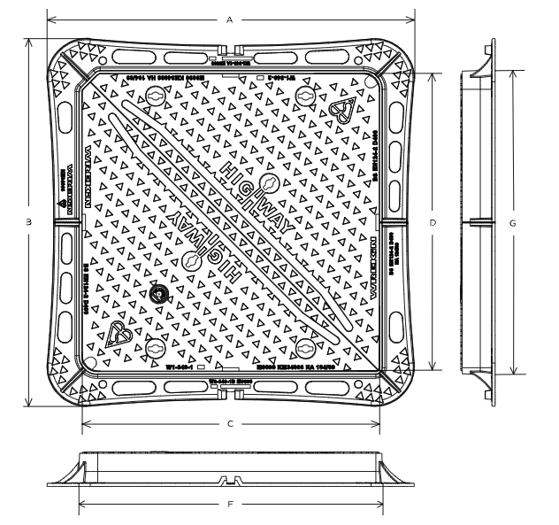 Highway D400 manhole cover 900mm x 900mm clear opening with 100mm frame depth