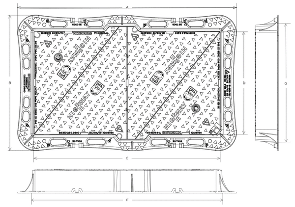 Highway D400 manhole cover 1220mm x 675mm clear opening with 150mm fra