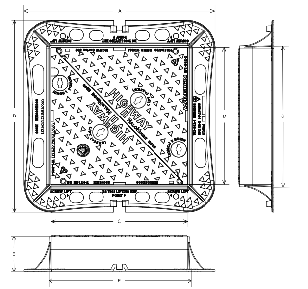 Highway D400 manhole cover 750mm x 750mm clear opening with 150mm frame depth