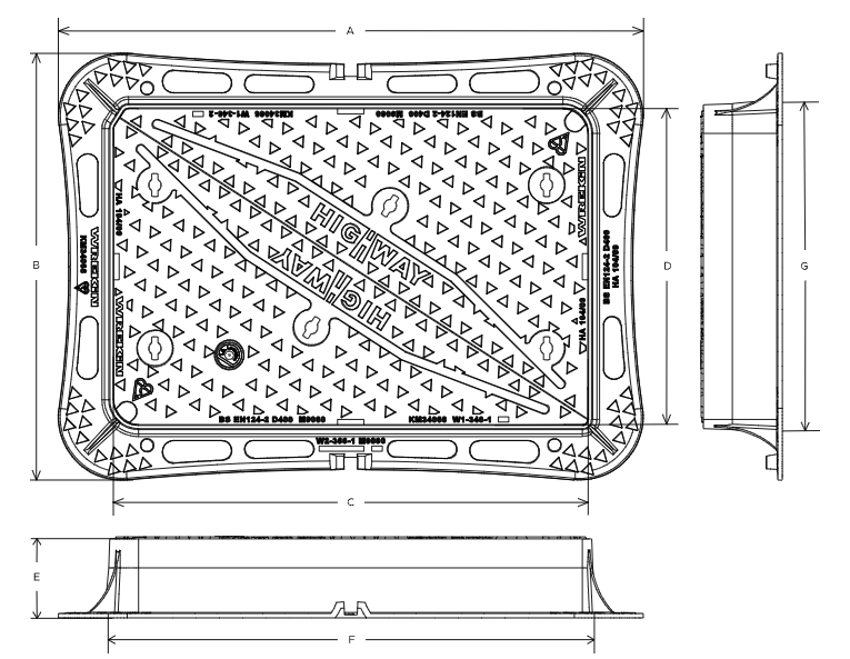 Highway D400 manhole cover 900mm x 600mm clear opening with 150mm frame depth